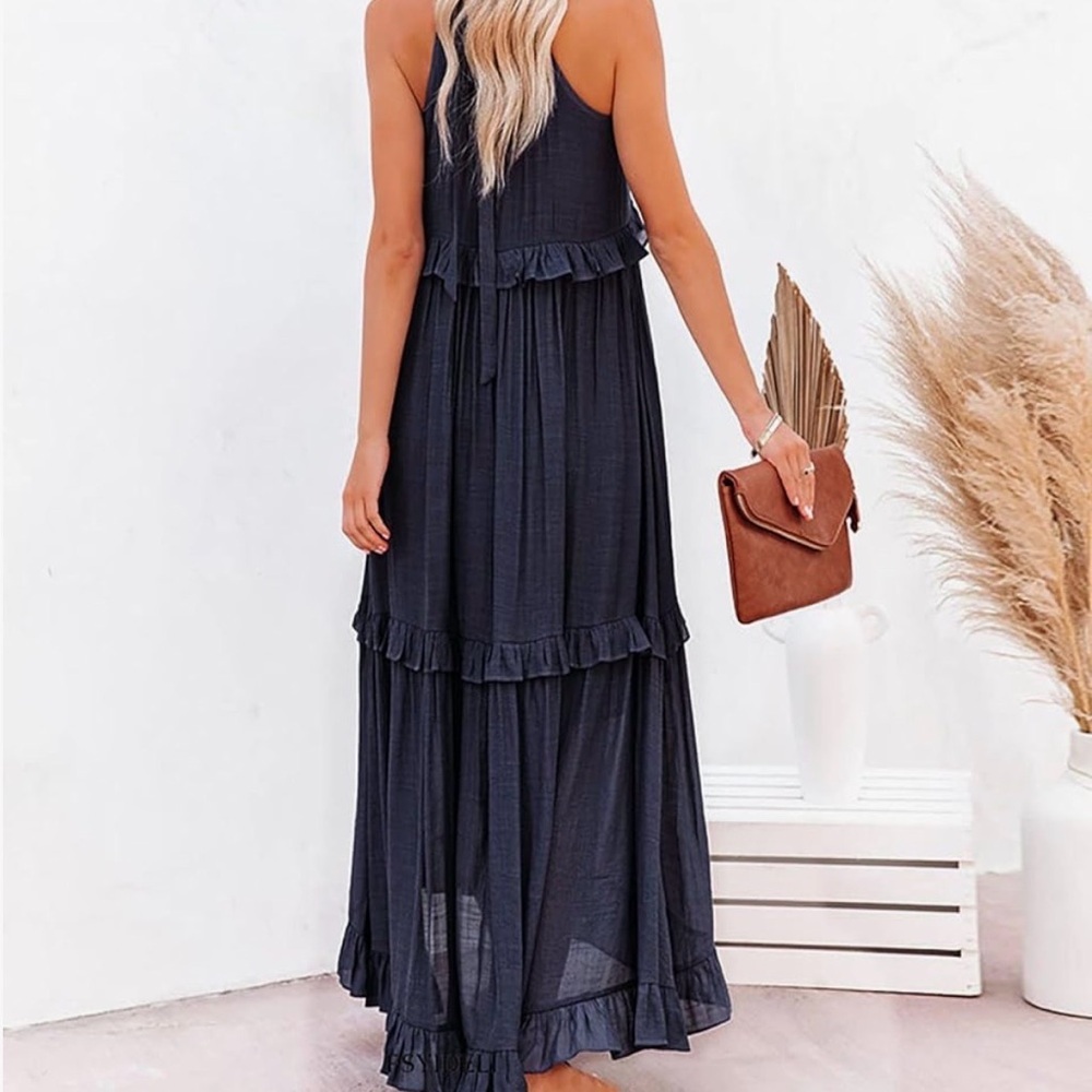 Blue Halter Ruffle Tiered Maxi Dress, Tied Keyhole Opening in Back, Size Small. - Picture 2 of 13